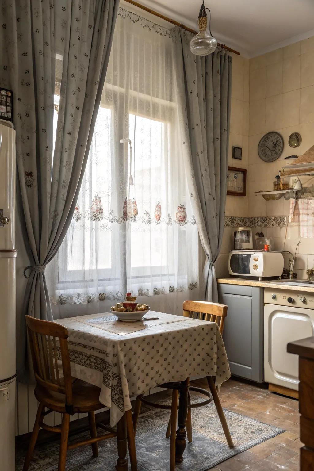 Vintage-inspired gray window coverings introduce charm and cordiality to the culinary space.