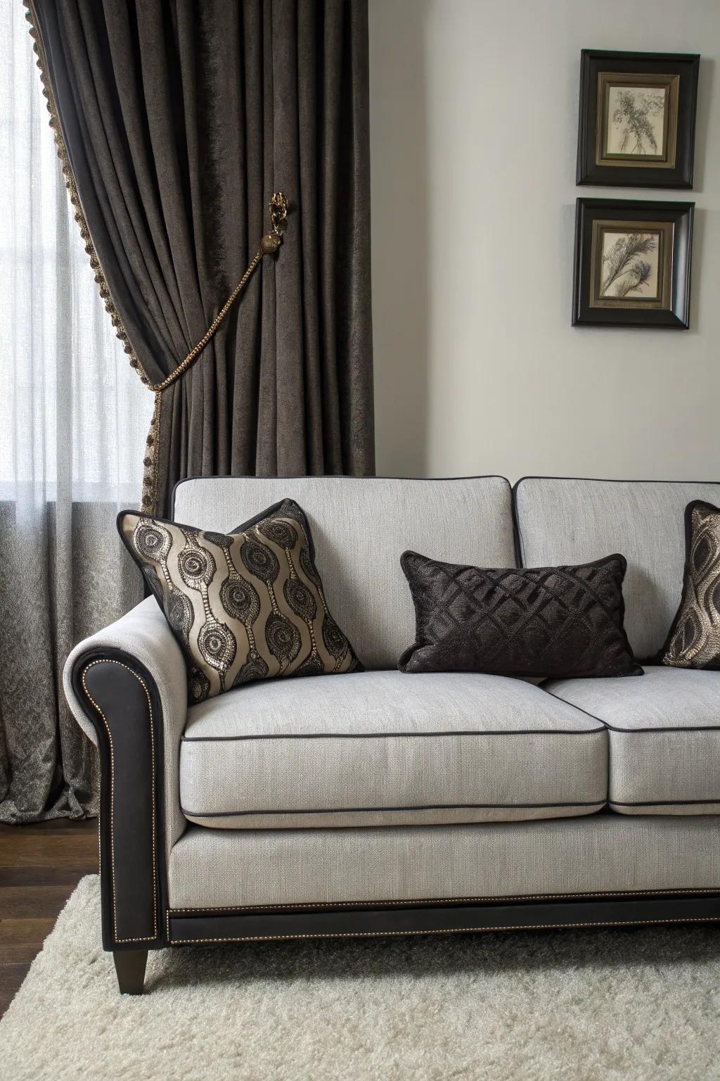 Dark accents provide a striking contrast to a grey couch.