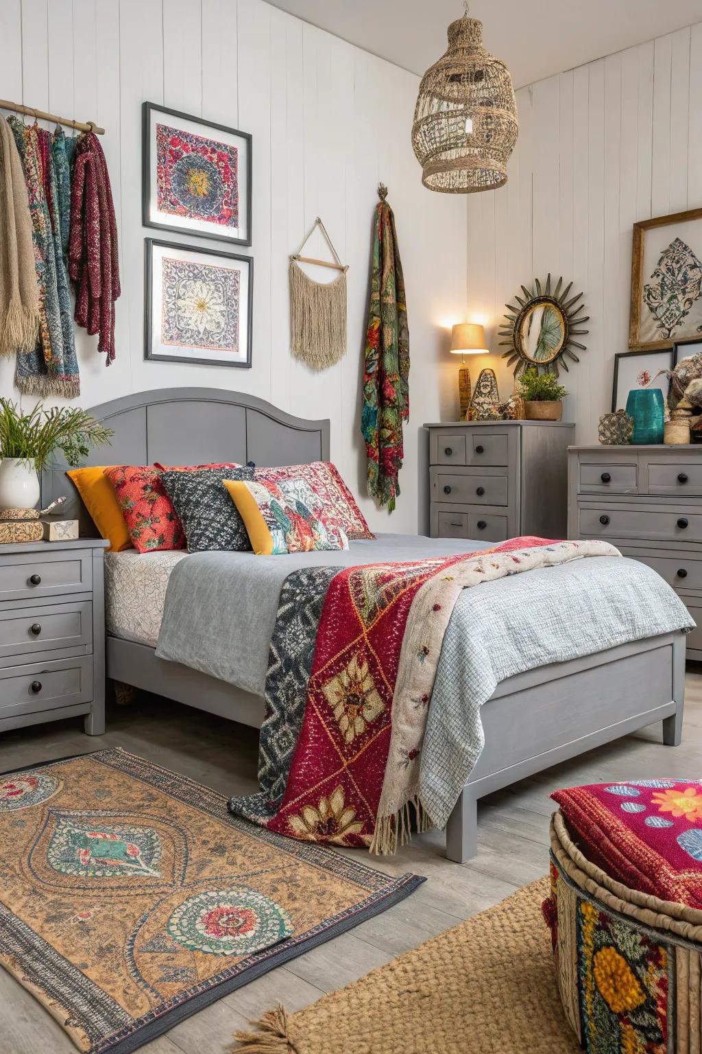 Bohemian décor brings vibrancy to grey furnishing settings.