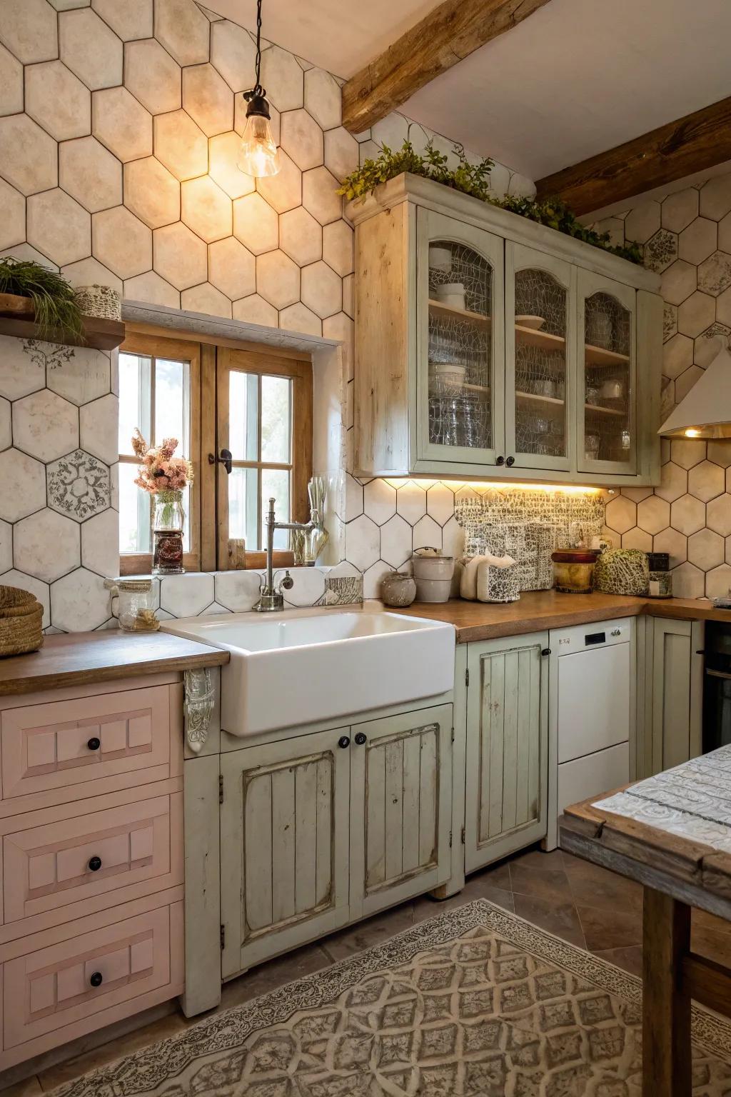 Distressed hexagon tiles offer a charming vintage aesthetic.