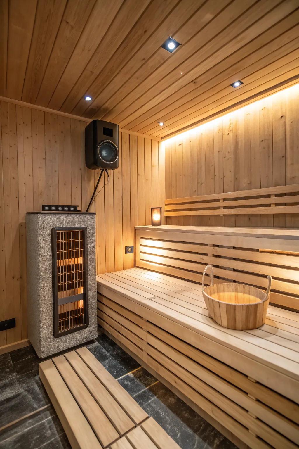 Ambient music enhances the soothing environment of this sauna.