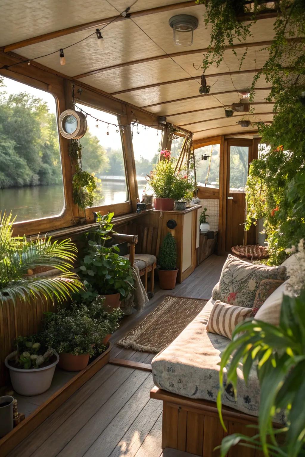 Greenery adds a refreshing touch to this houseboat's interior.