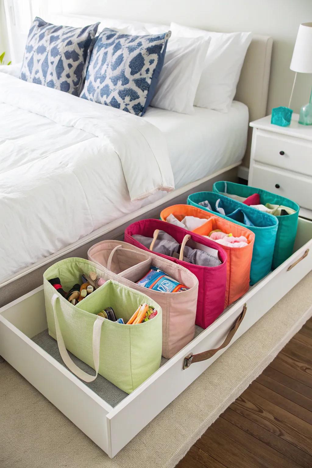 Under-bed storage keeps bags hidden yet accessible.