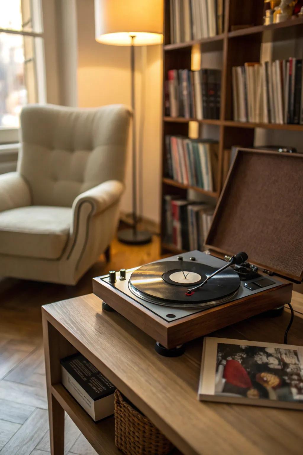 A vintage record player adding authentic sound to the atmosphere.