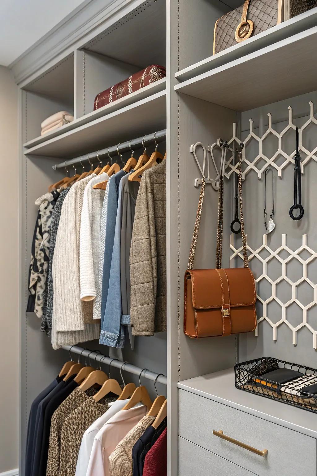 Innovative deployment of hooks furnishes versatile storage resolutions.