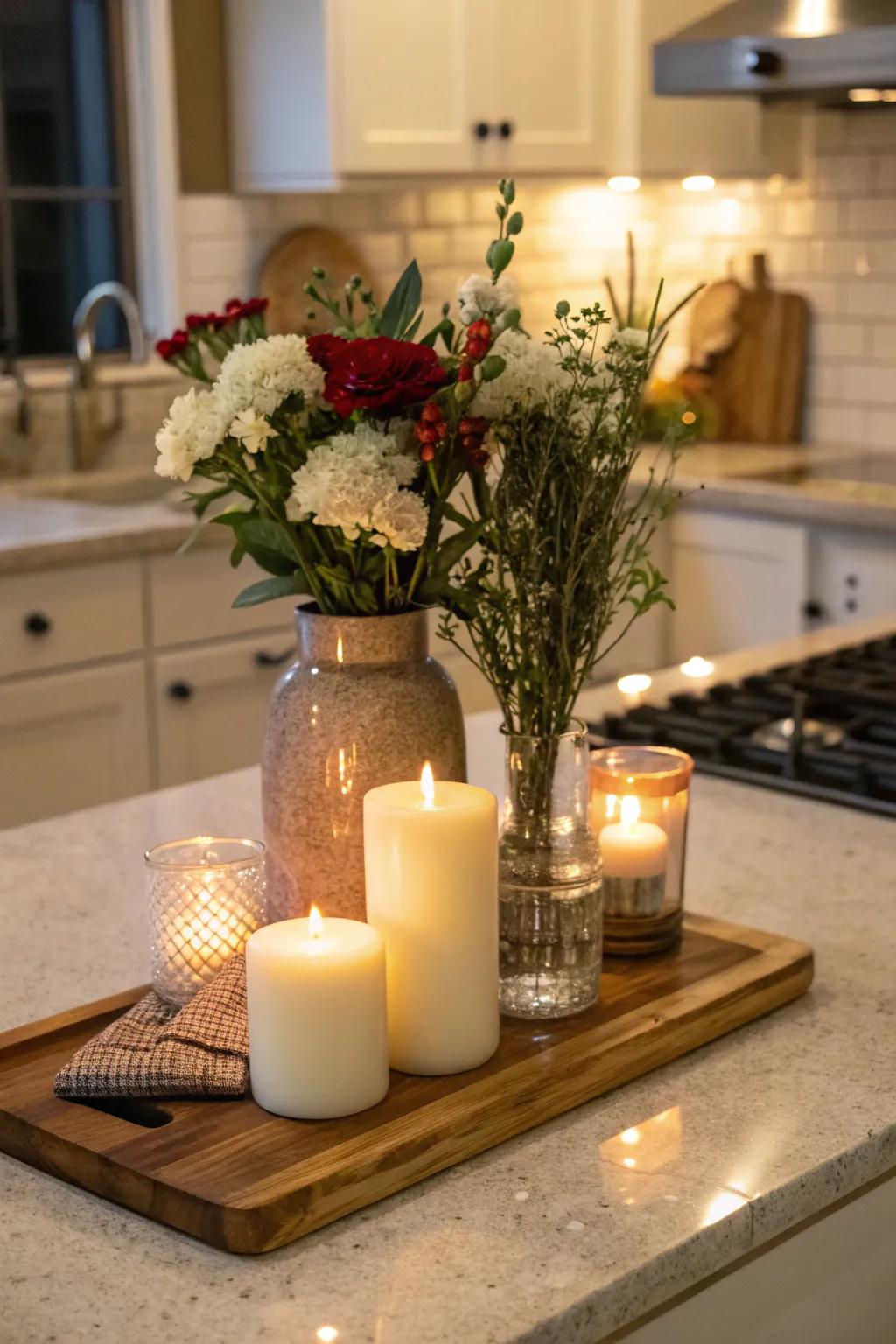 A cutting board as a base for decor items creates a balanced centerpiece.