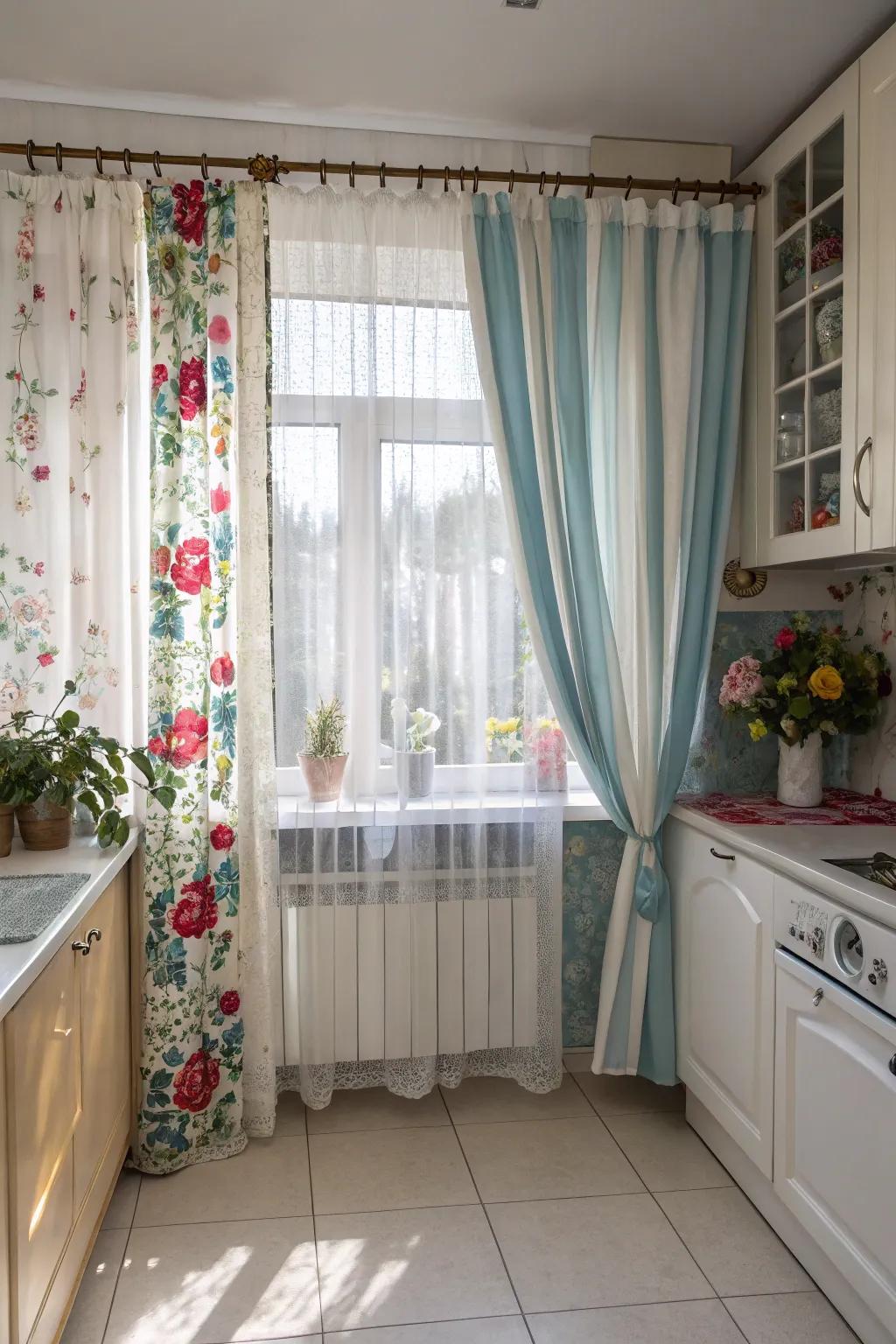 Mix and match curtains for a bold and eclectic kitchen design.