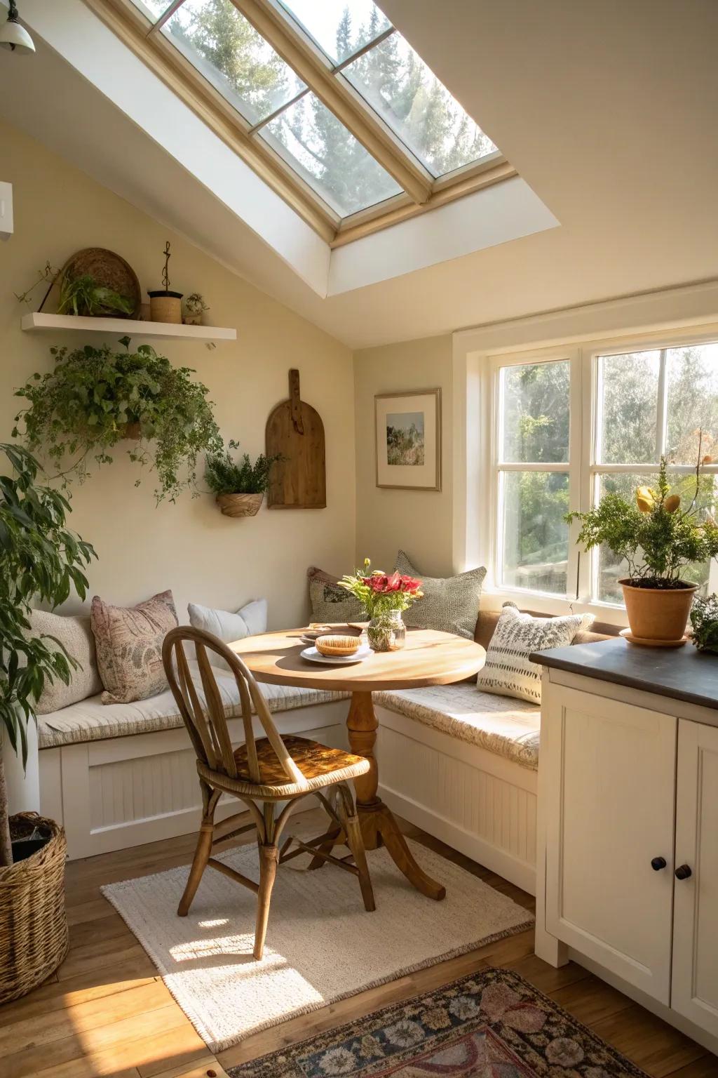 A skylight changes a nook into a sunlight hideaway.