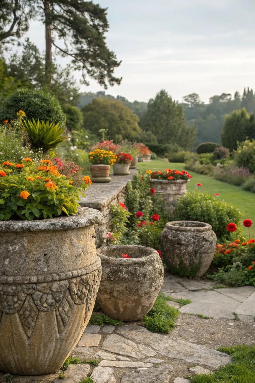 Add elegance with natural stone planters.