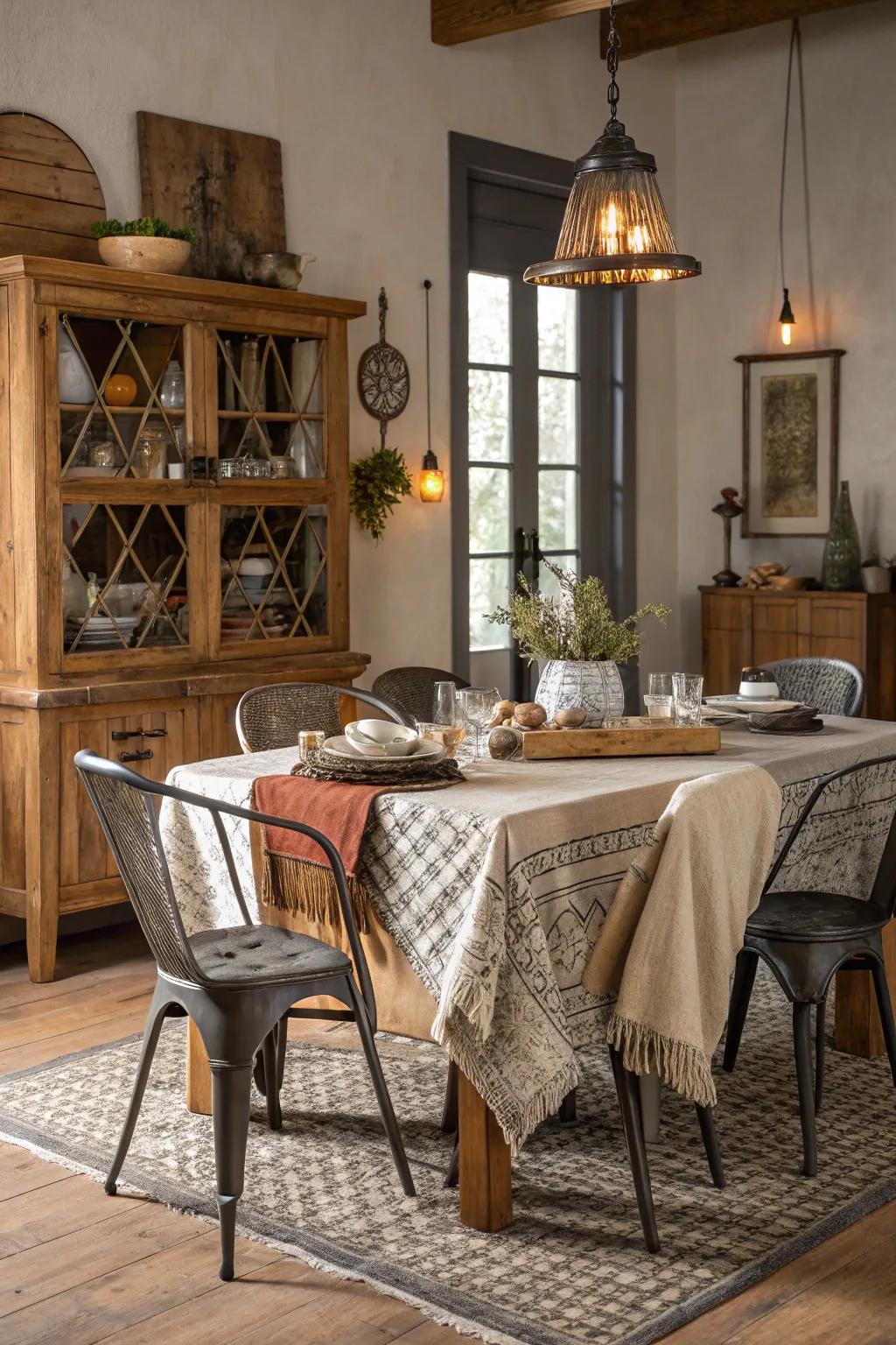 A rich mix of textures that adds depth and interest to the dining area.