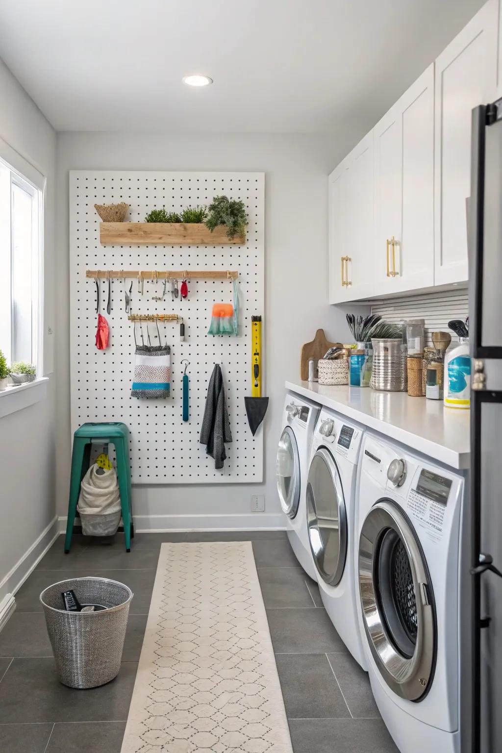 Pegboard displays combine style with practical storage solutions.