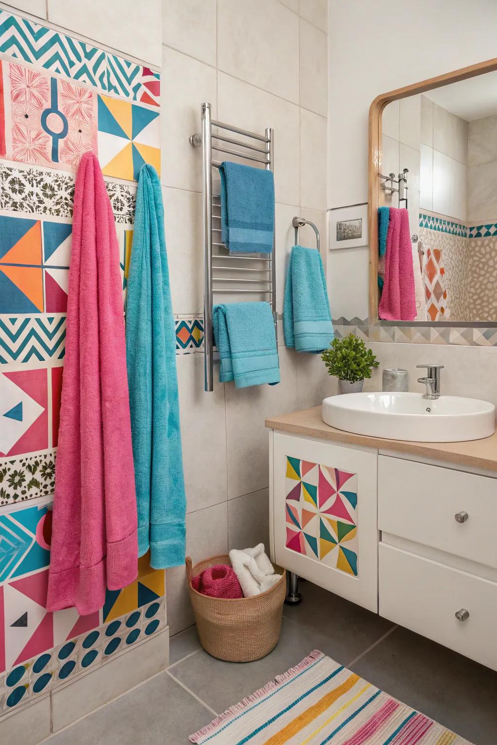 Unexpected color pops add personality to a light-colored bathroom.