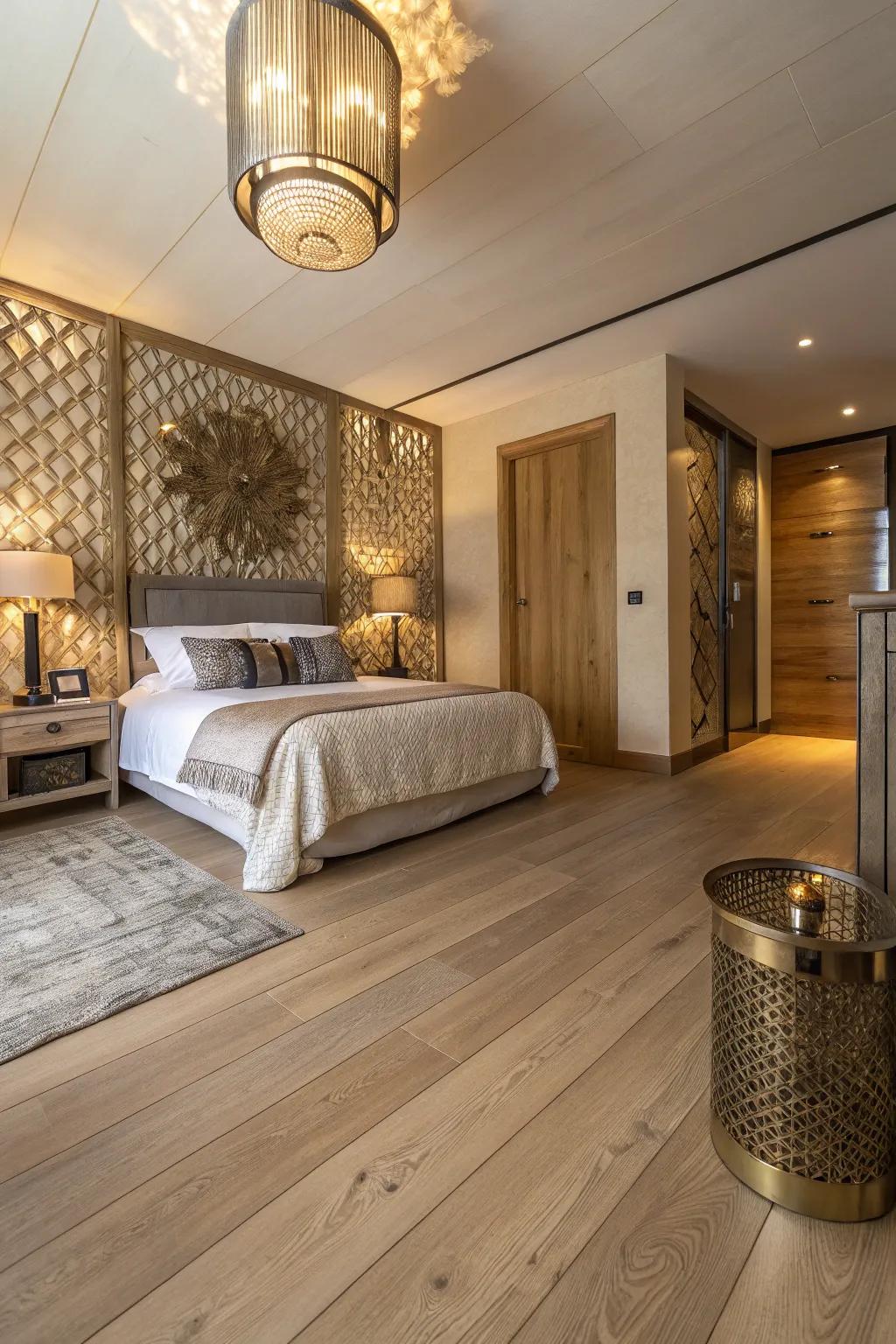 Metallic accents bringing luxury to a pale timber floor bedroom.