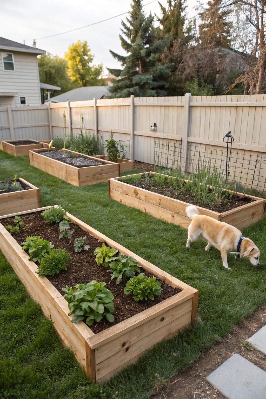 Elevated garden beds adding style and protection to the garden.