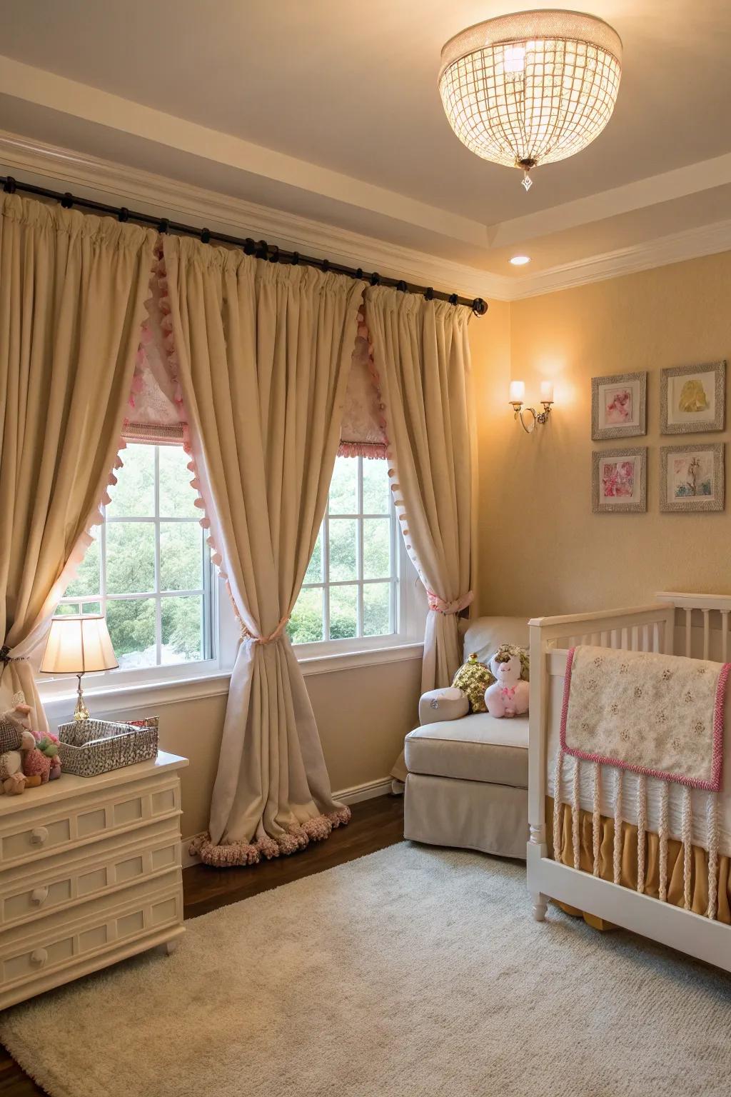 A nursery with luxurious window treatments featuring blackout curtains and ornate tiebacks.