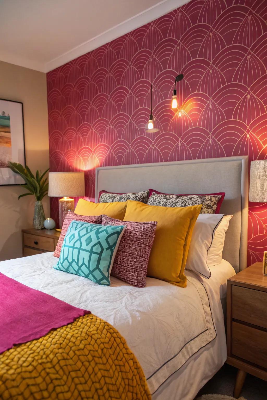 A bedroom with vibrant accent colors in pillows and wall decor.