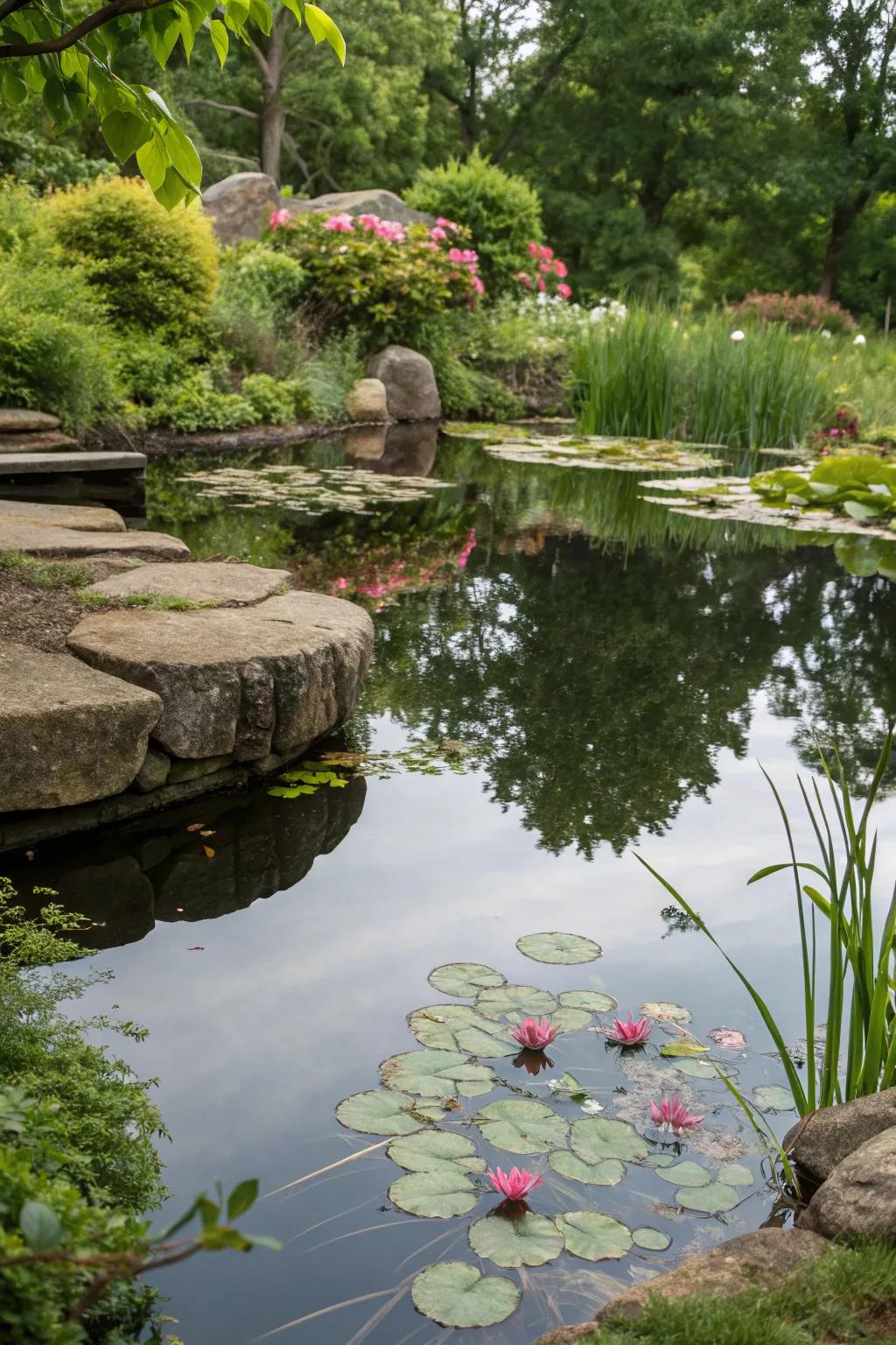 A mirror at the bottom of a mini pond creates stunning reflections.