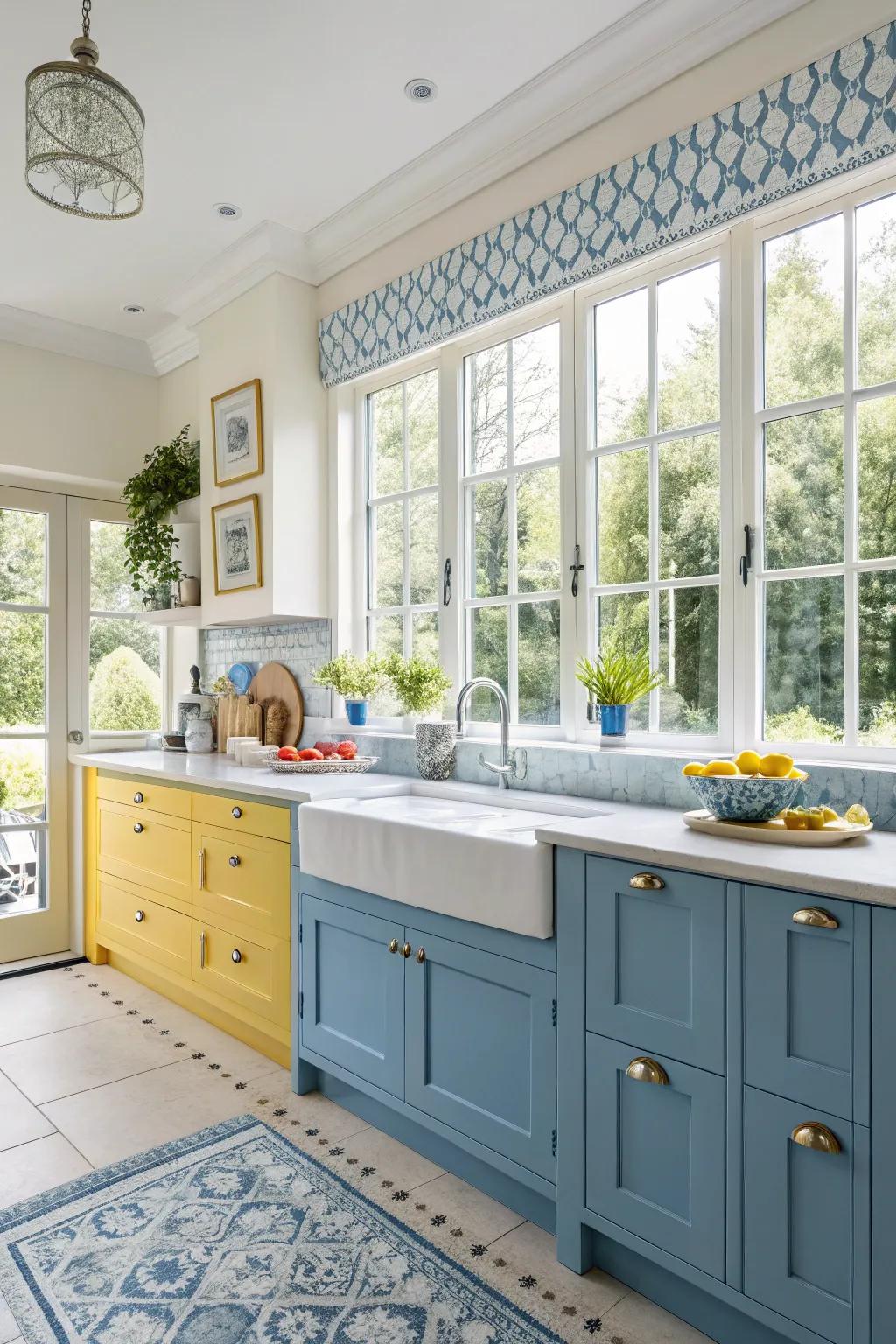 Natural light enhances the vibrancy of the kitchen's color scheme.