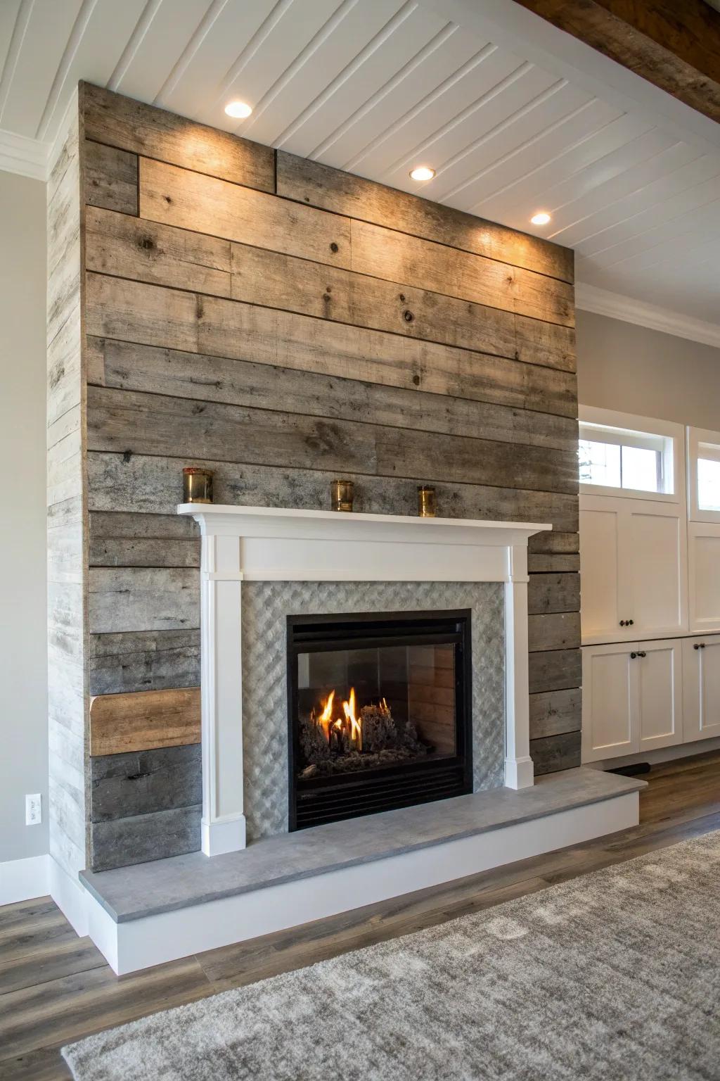 Reclaimed wood adds texture and warmth to the fireplace area.