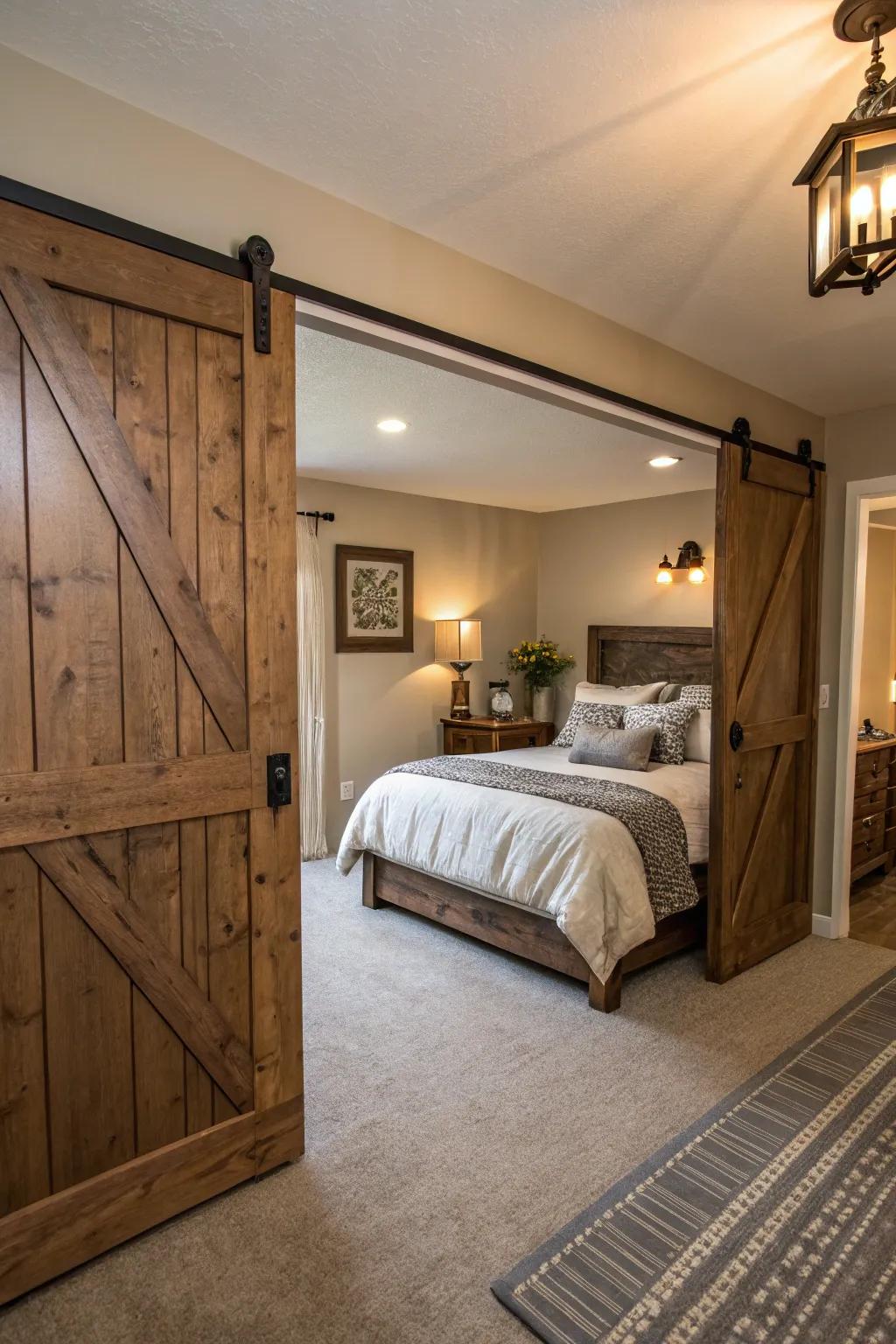 Sliding barn doors add rustic appeal and save space in this guest bedroom.