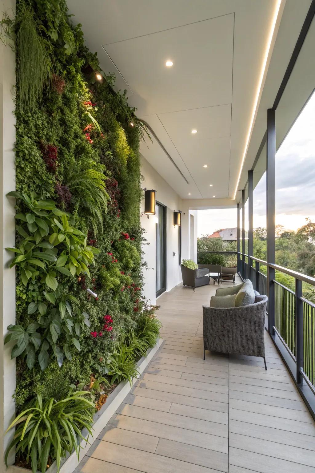 A vertical garden brings greenery to a contemporary porch without using floor space.