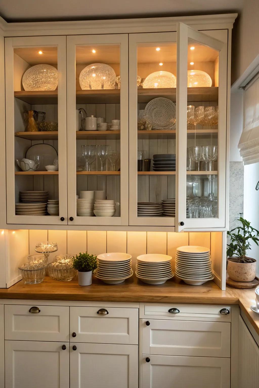 Glass cabinet doors provide a glimpse into beautifully arranged dishes.