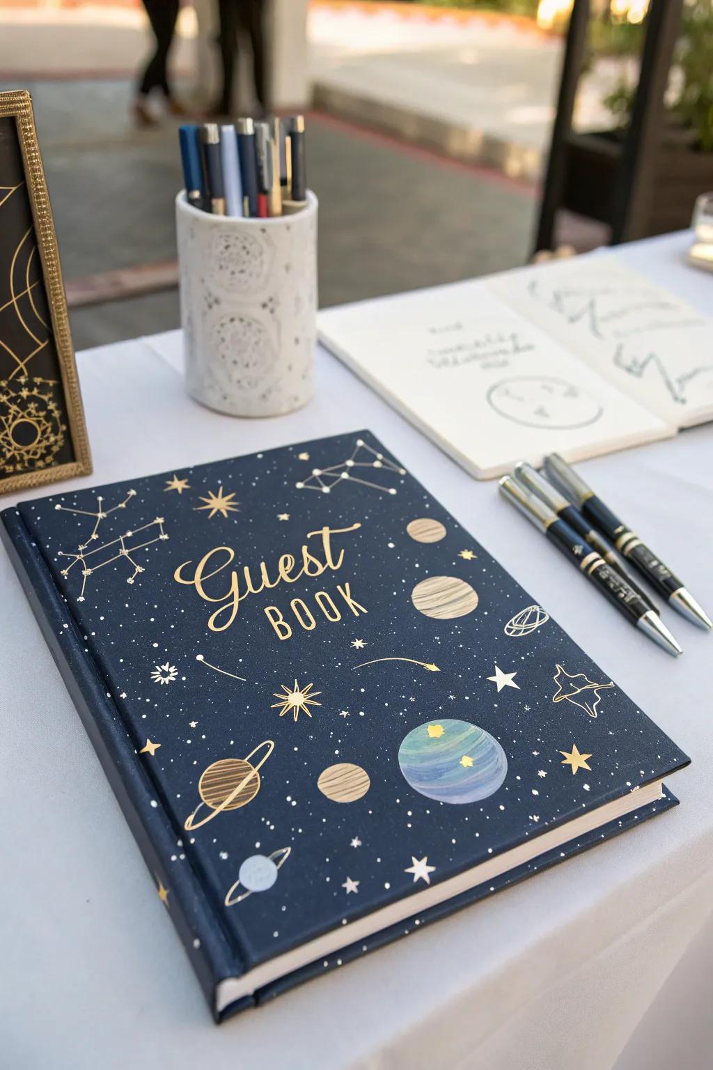 A space-themed signature log recording heartfelt messages from cherished ones.