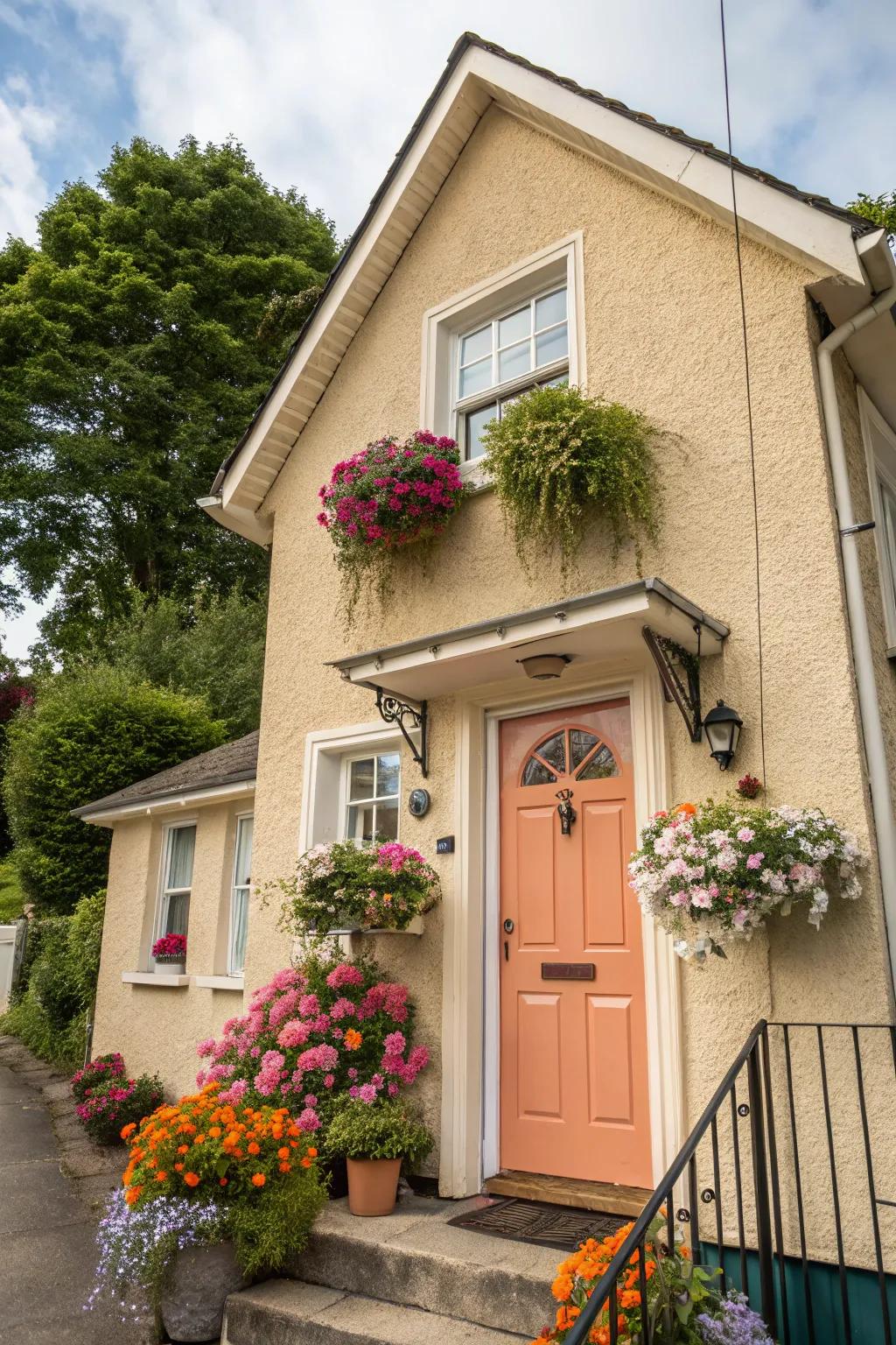 Peach front door adds warmth and charm to a beige house.