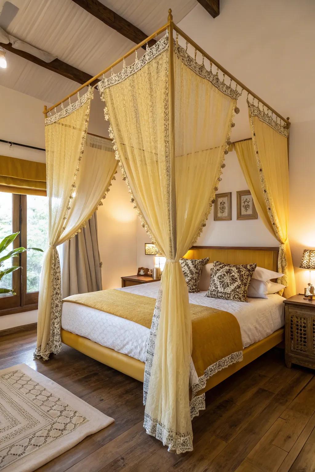 A bedroom with an elegant mustard yellow canopy.