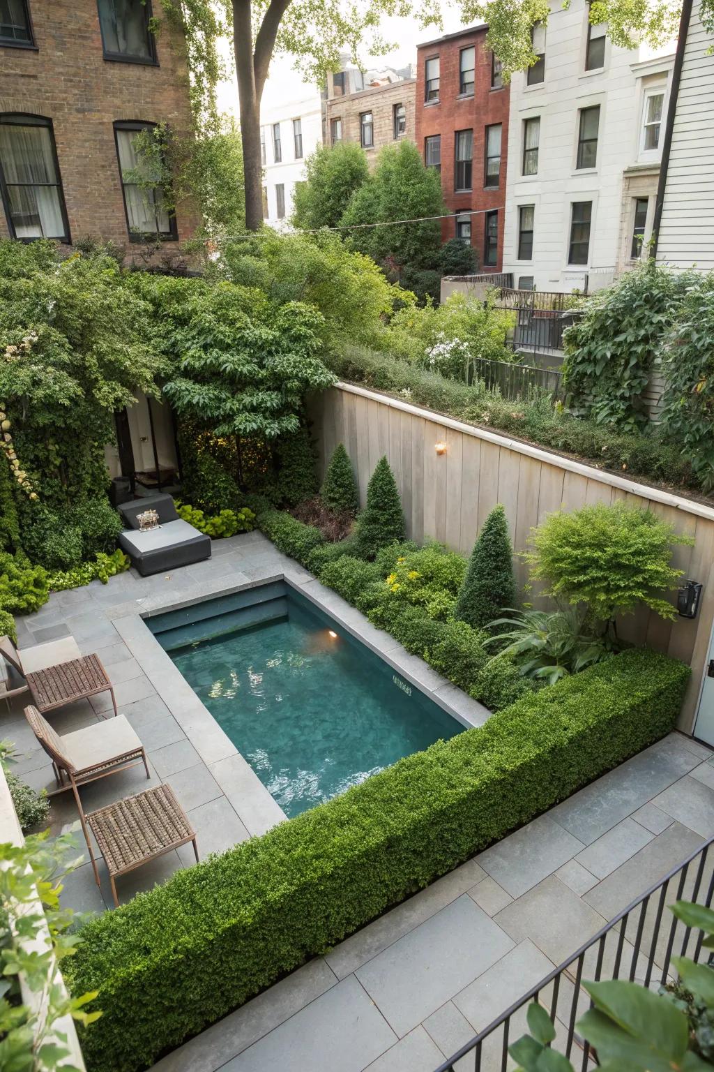 A compact plunge pool that fits perfectly into a cozy backyard space.