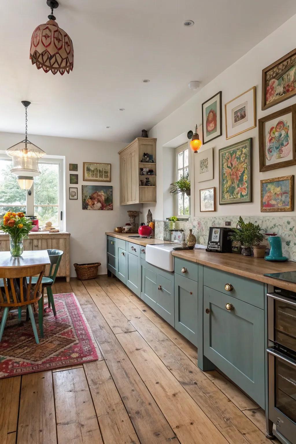 Eclectic decor bringing life to oak floor kitchens.