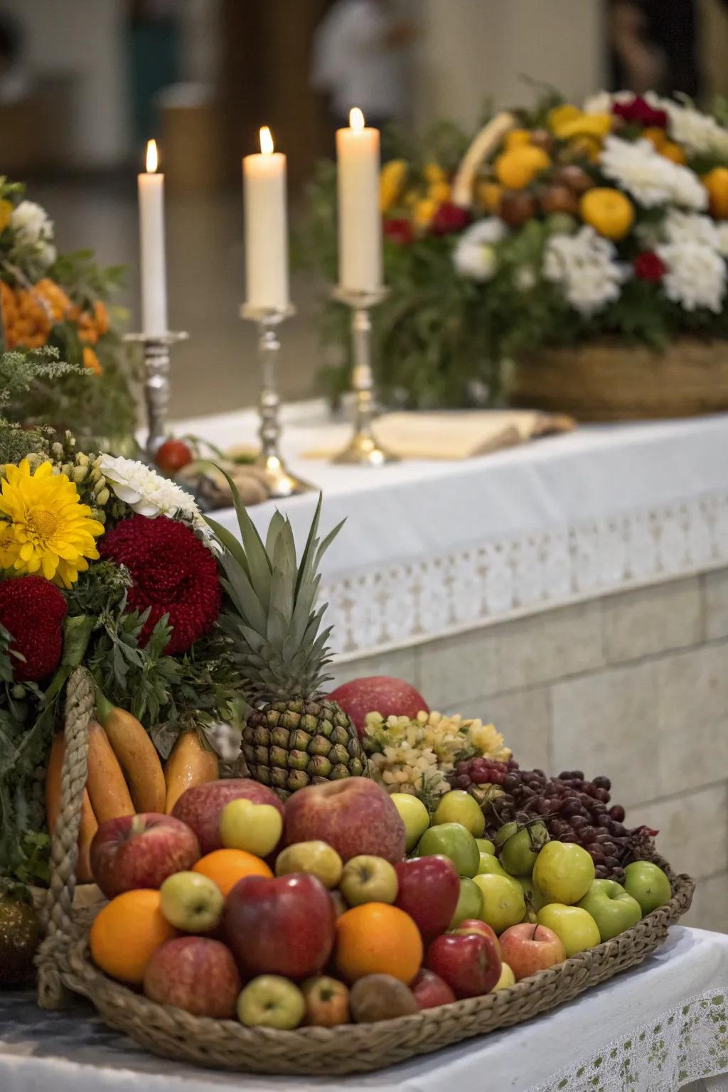 Seasonal fruits symbolize abundance and life on your ofrenda.