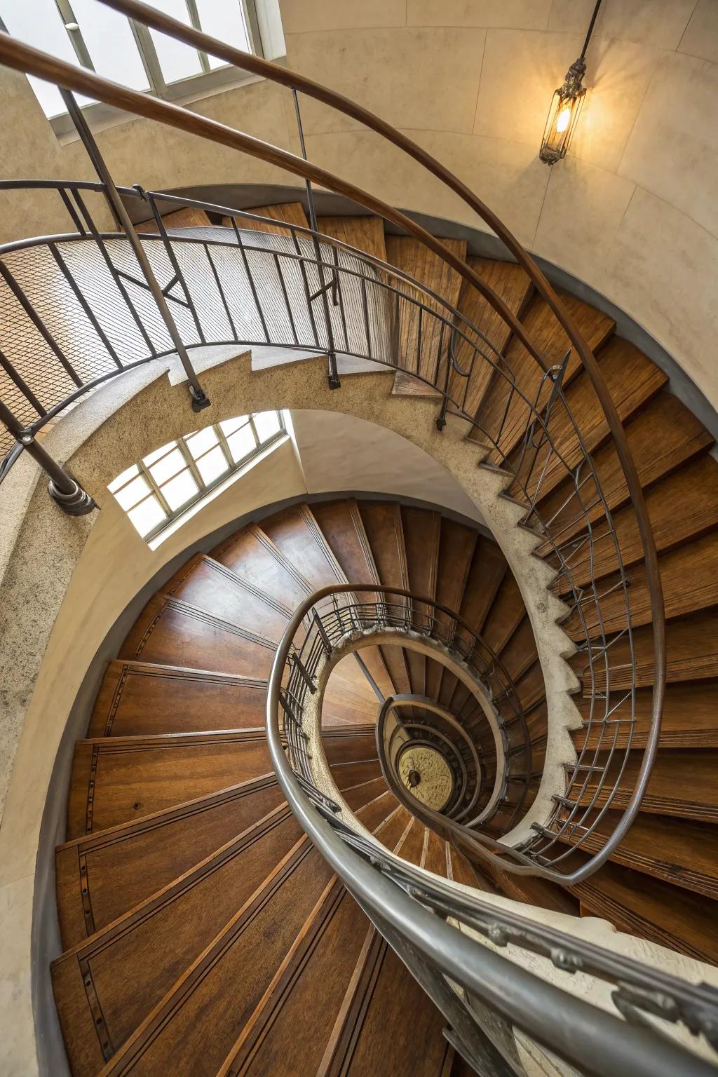 A spiral staircase adds a sculptural and space-saving element.