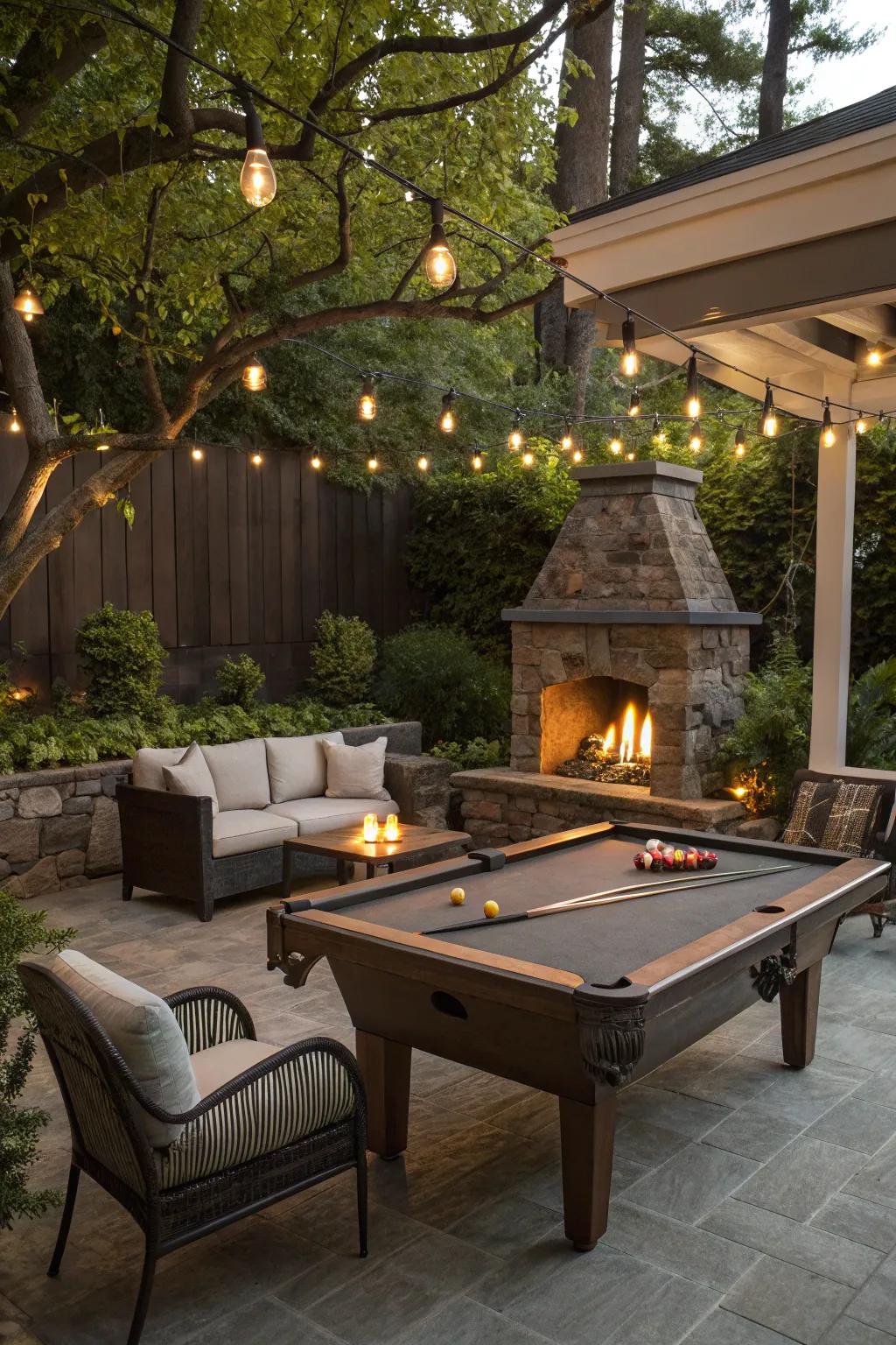 A billiards area featuring a fire pit offering warmth and ambiance.