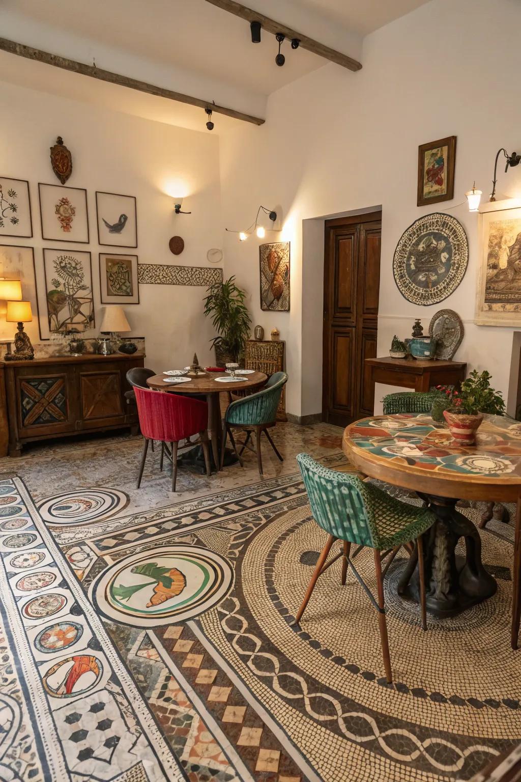 A dining room with cultural mosaic painted floors, offering a colorful tribute to global art.