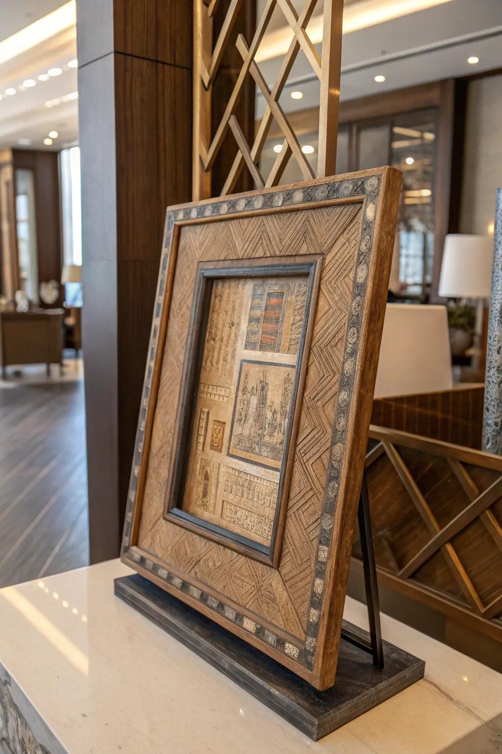 Mixed textures in frames add unique character.