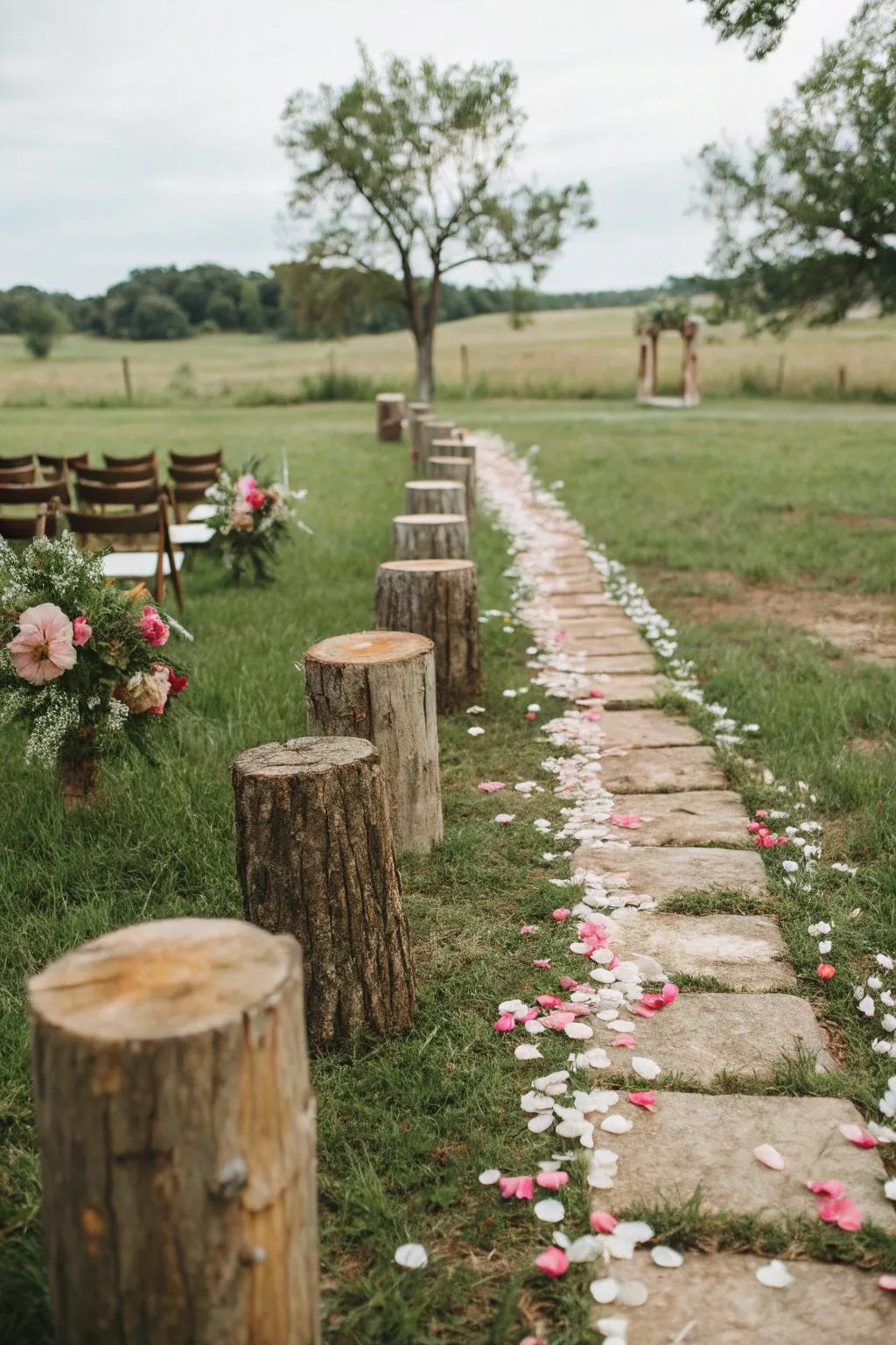 A wedding aisle beautifully decorated with natural elements.