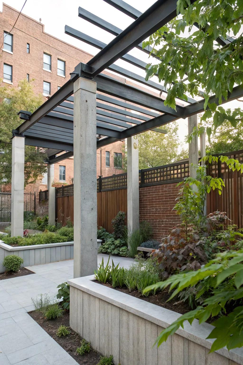 Chic industrial design elements give this pergola an urban edge.