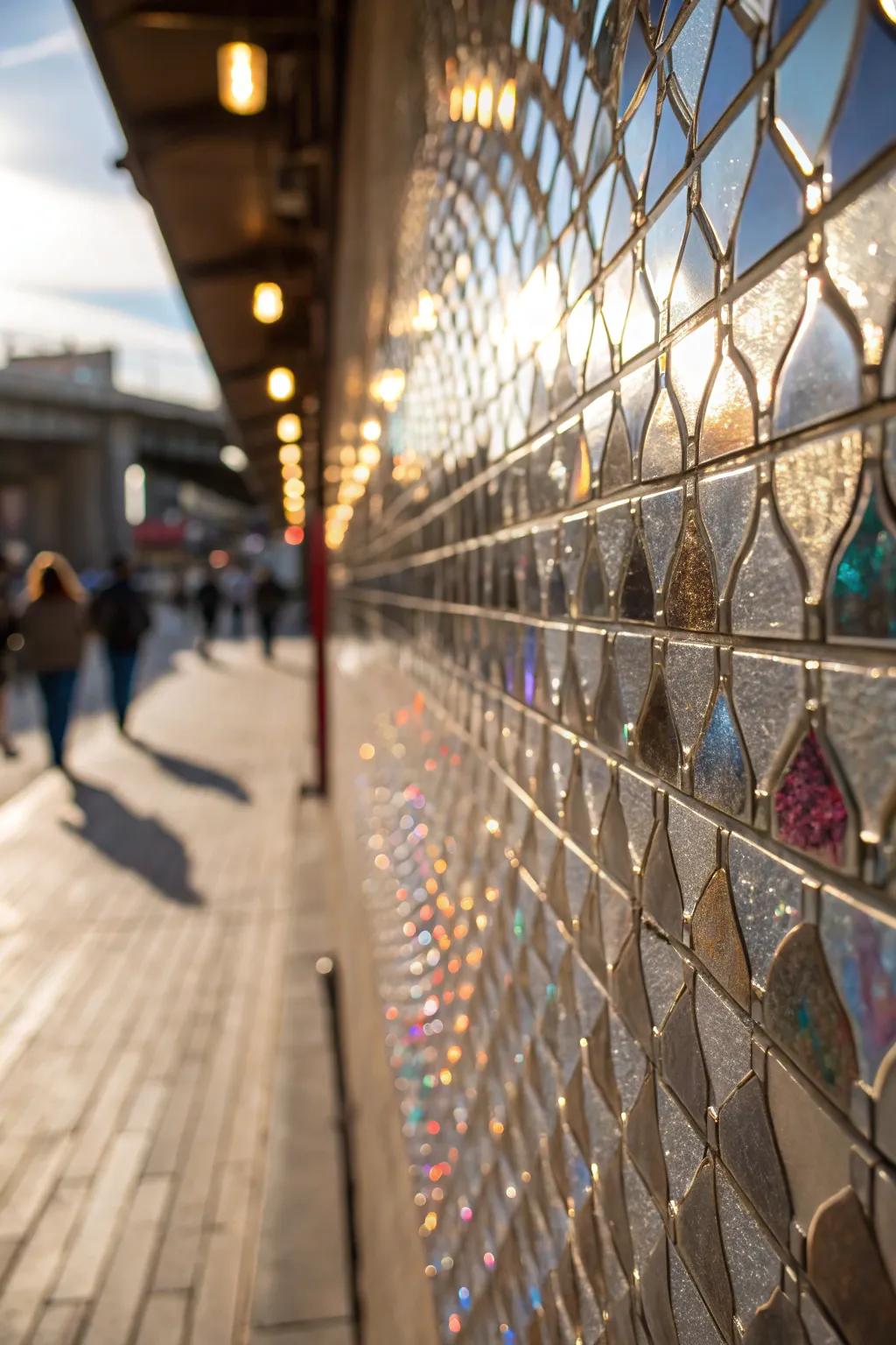 A wall with metallic foil and mirror accents, adding a dazzling and sparkling effect.