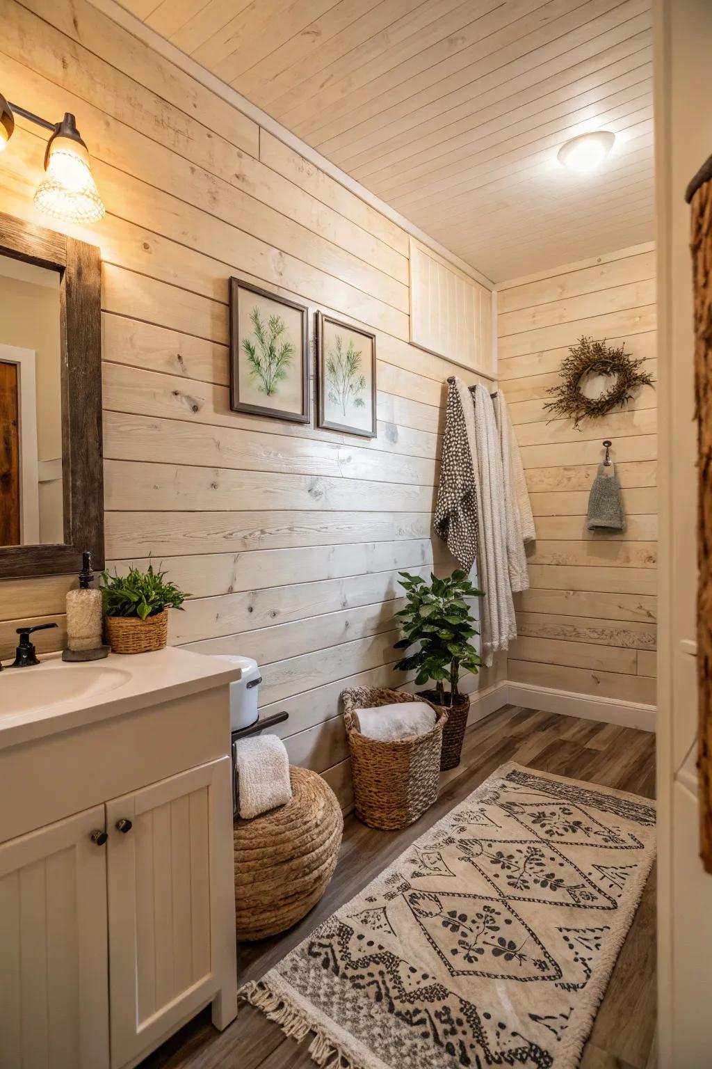 Textured walls add depth and warmth to bathroom design.