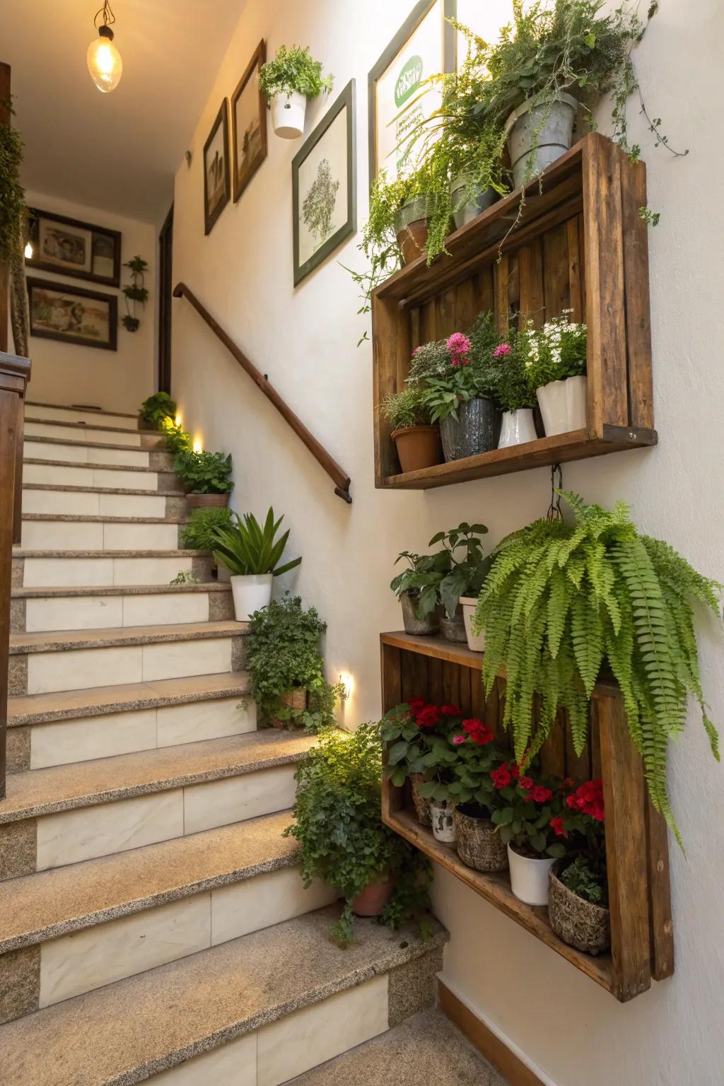 Add a dynamic touch with staircase plant shelves.