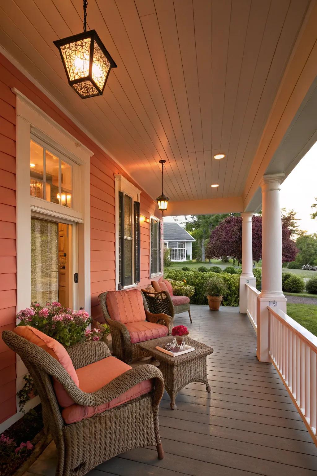 A coral porch that radiates warmth and hospitality.