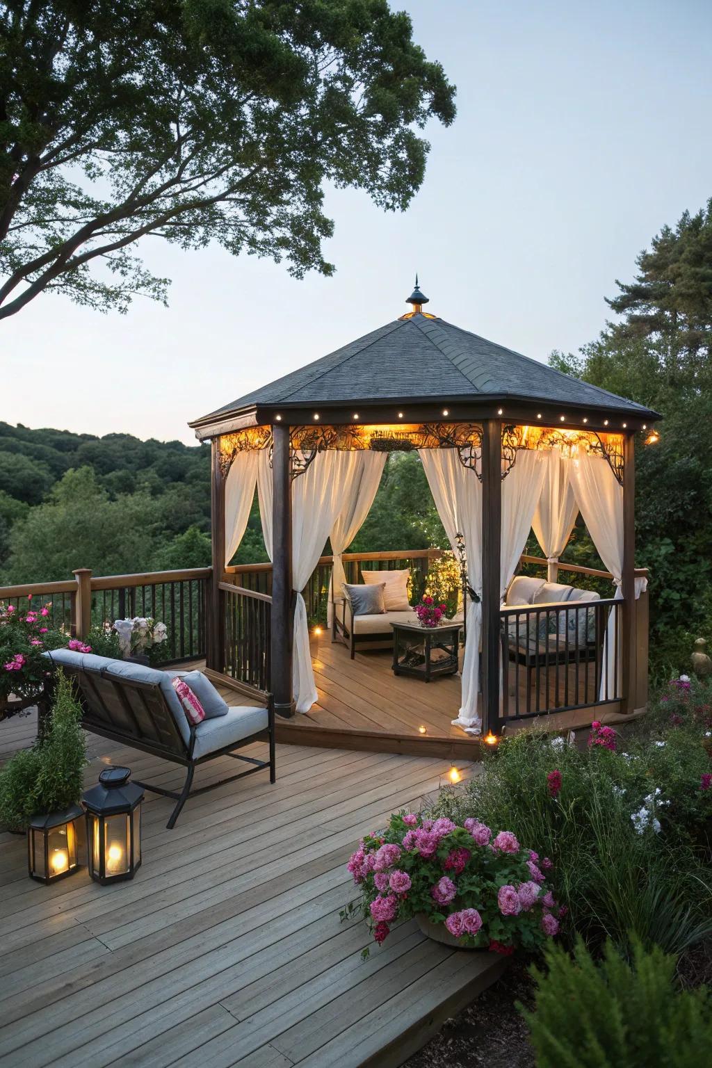 A cozy gazebo offers privacy and an intimate setting on a deck.