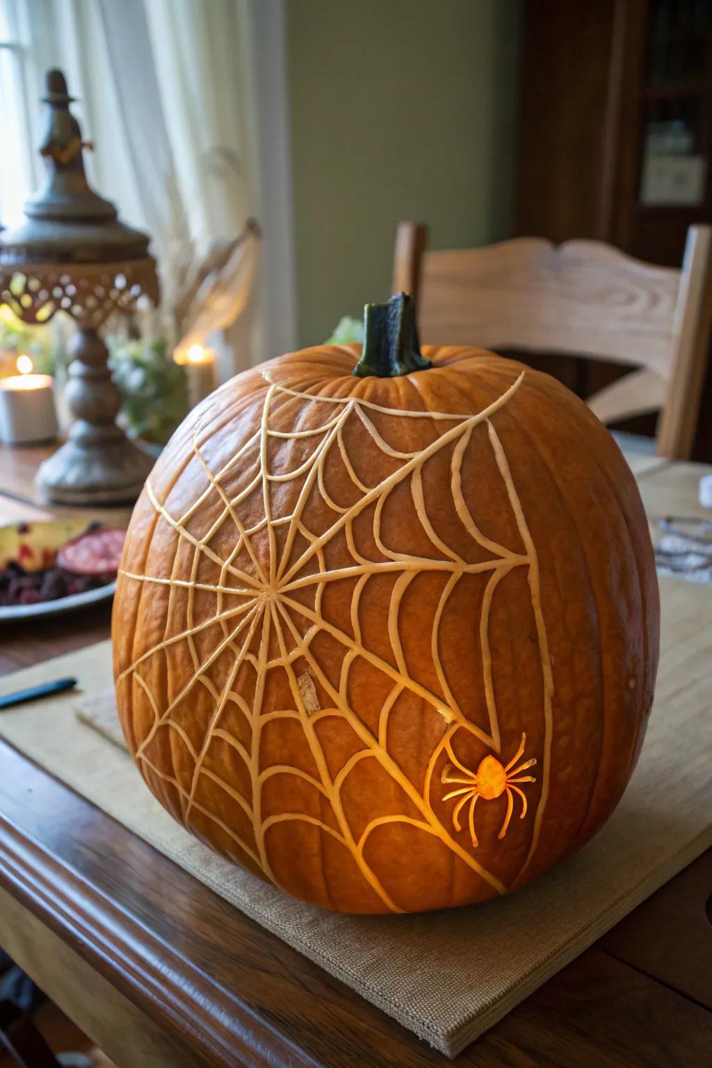 A spiderweb pumpkin that adds an unexpected twist to your Halloween.