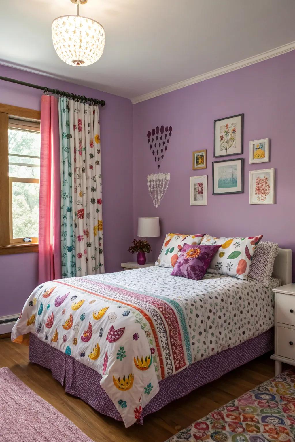 Playful patterns adding visual interest to a purple-themed bedroom.