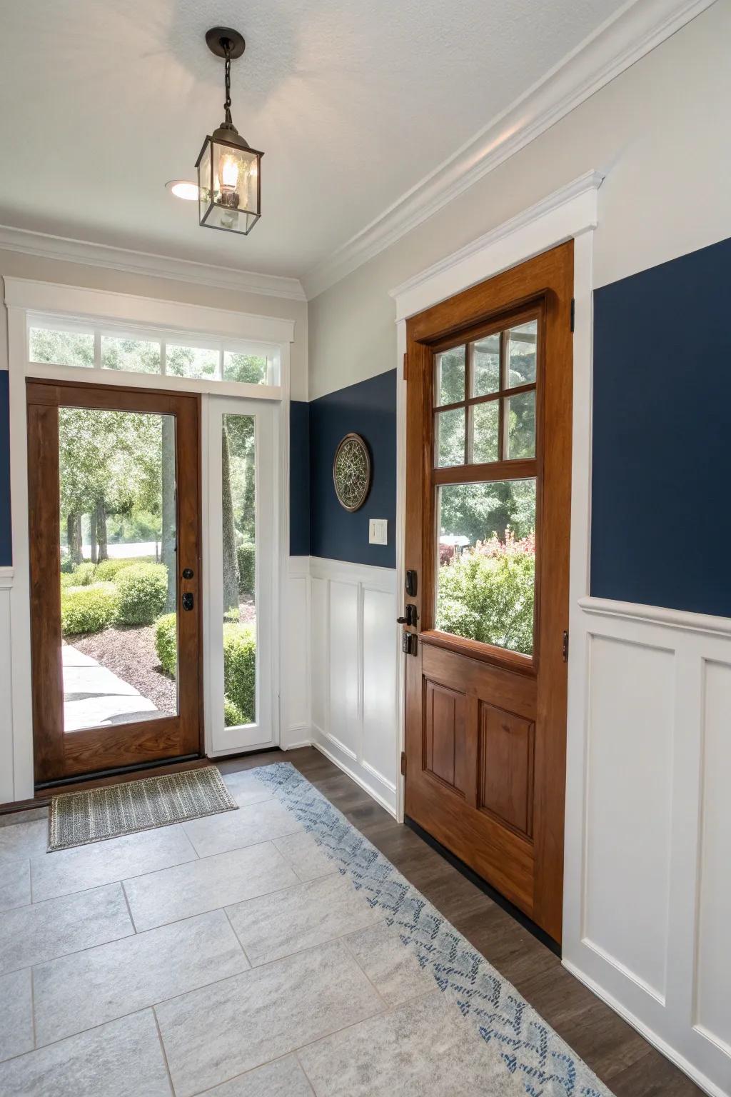 A two-tone wall effect adds depth and visual interest to the entryway.