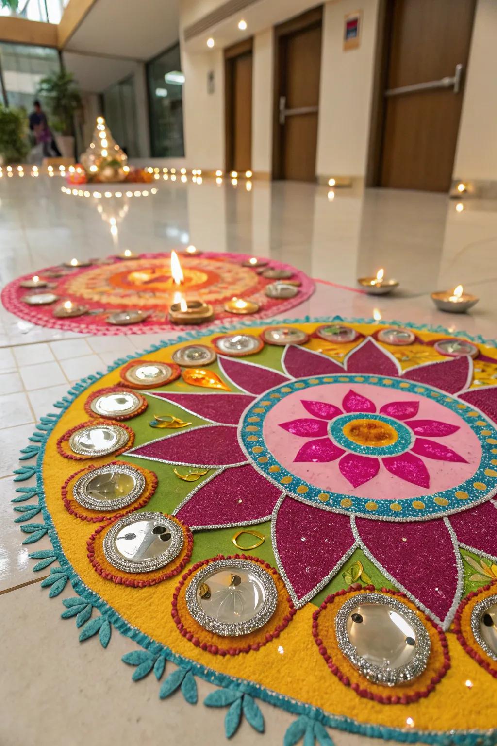 Reflective surfaces add a shimmering sparkle to this festive rangoli.