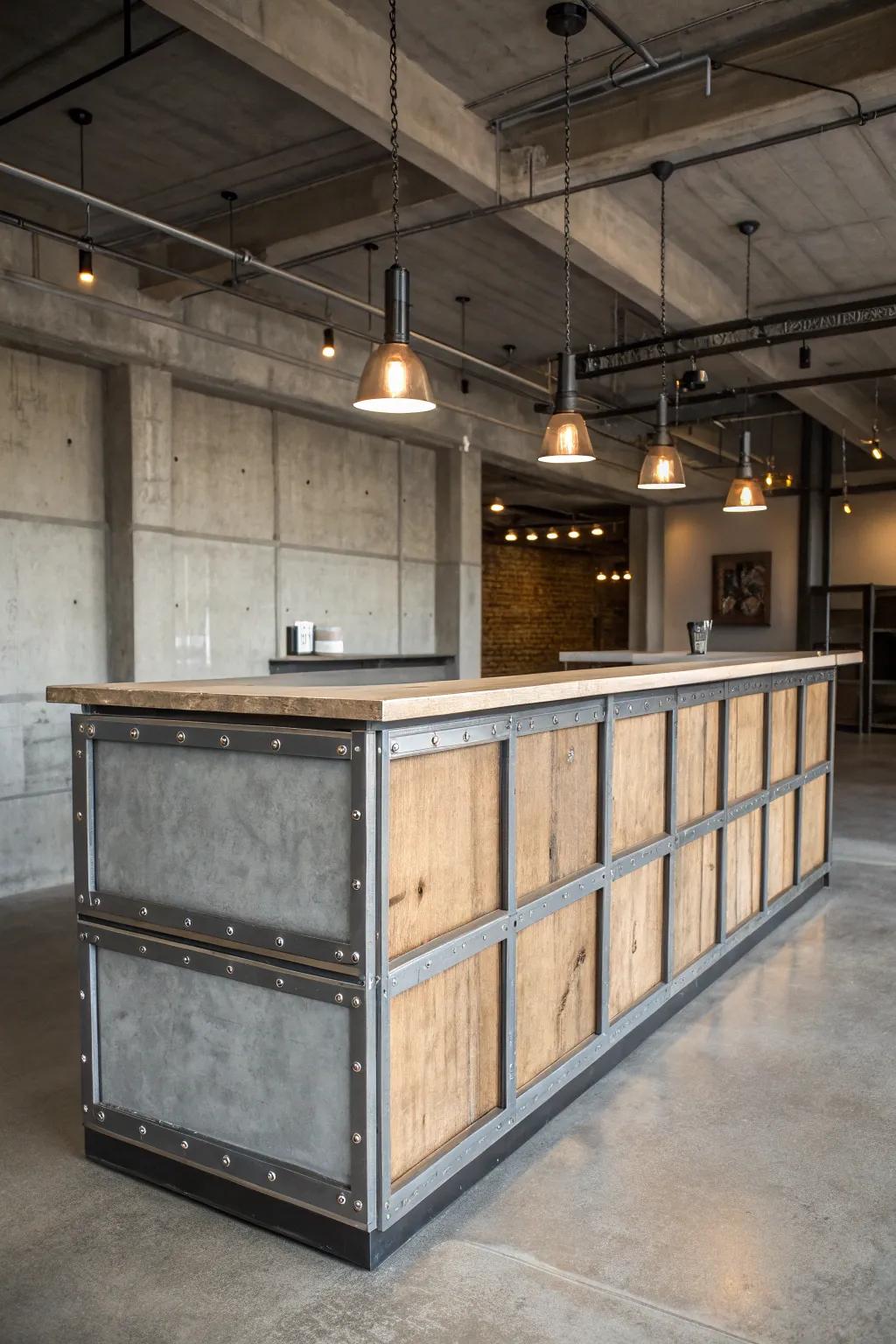 An industrial reception desk conveying character and modernity.