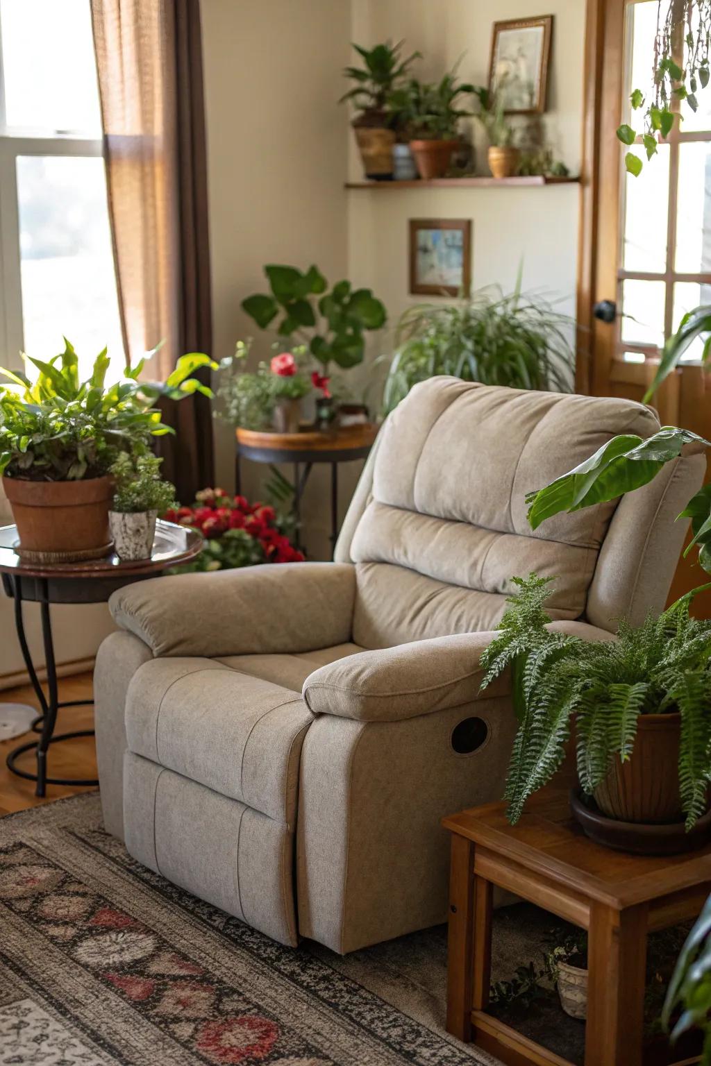 A vibrant living room with plants complementing the recliner sofa.