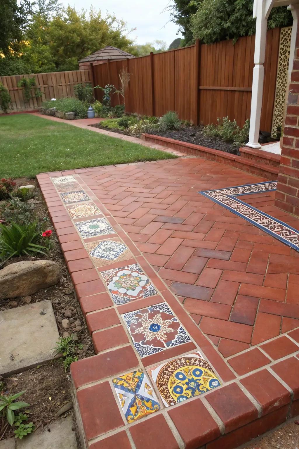 A red brick patio with vibrant tile insert accents